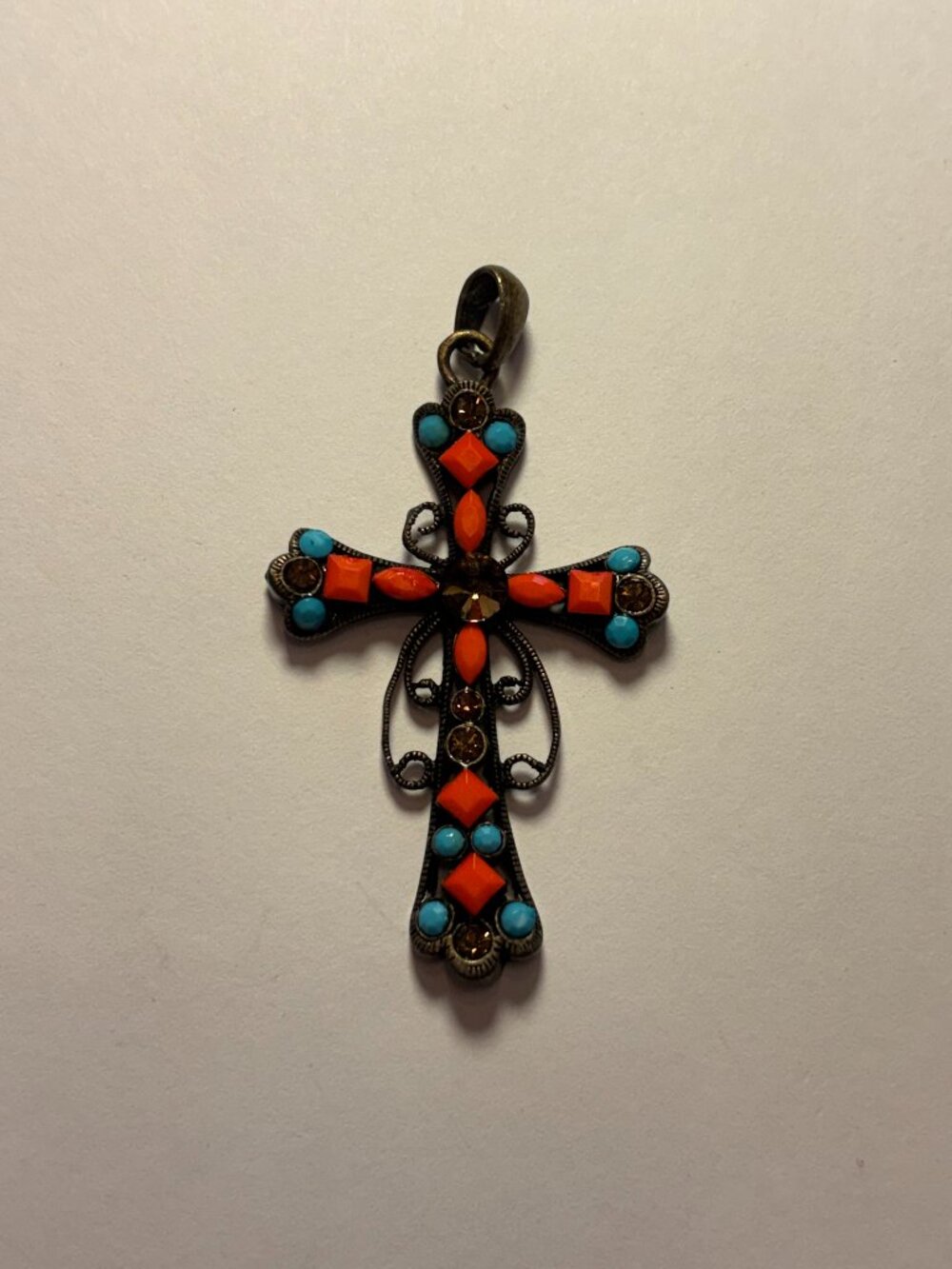 Vintage Style Orange & Turquoise Stones w/ Brown Crystals Bronze Cross Pendant